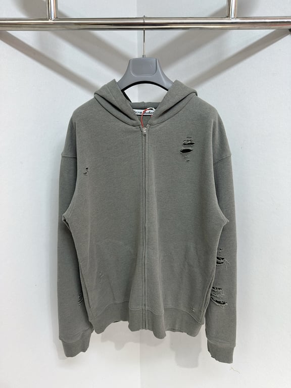 Acne Studios Distressed Logo Zip Hoodie Grey - 6