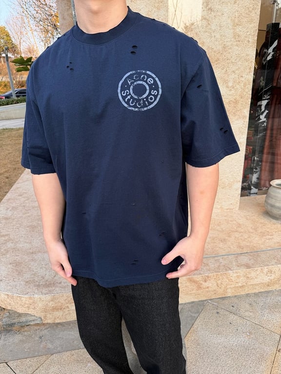 Acne Studios Distressed Logo T-Shirt Navy - 4