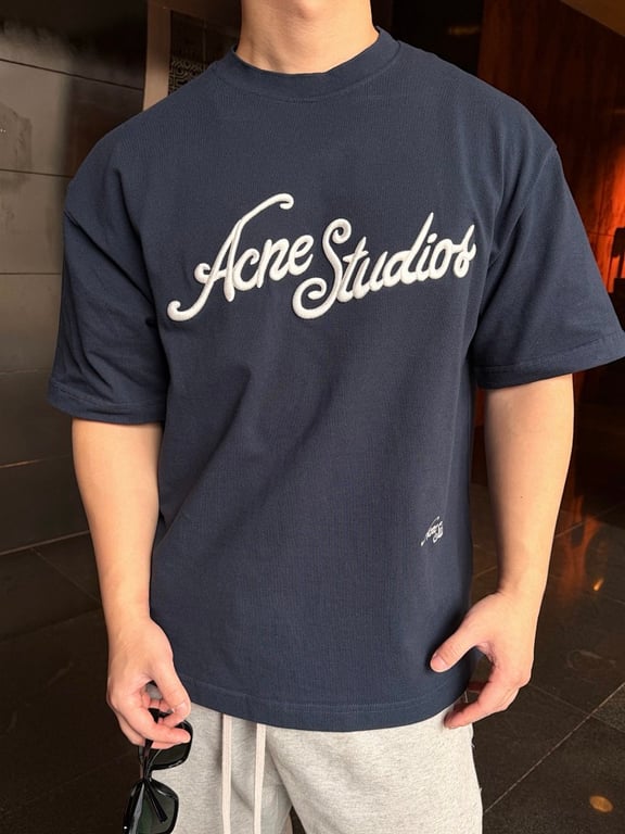 Acne Studios Script Logo T-Shirt Navy - 4