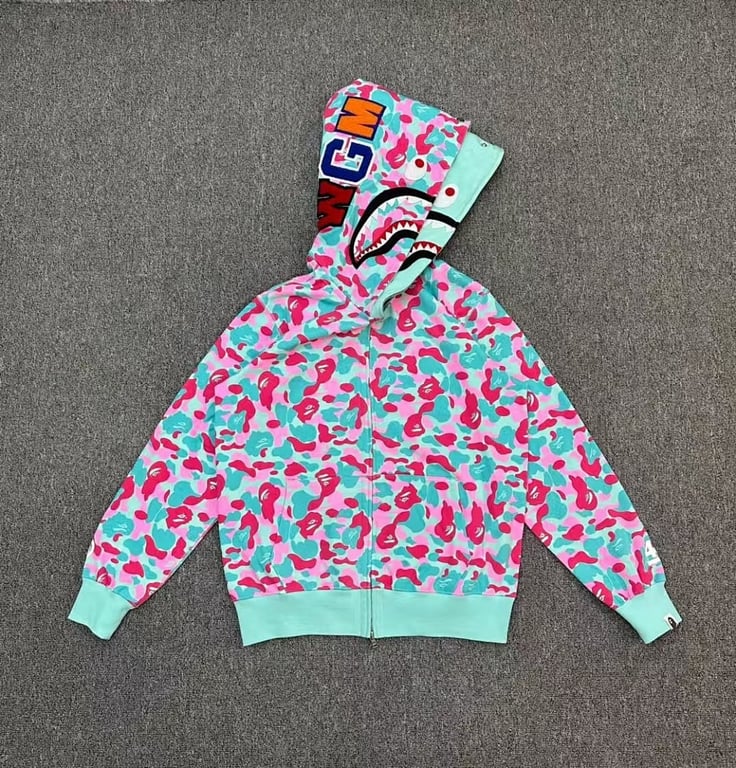 BAPE Double Hood Shark Full Zip Hoodie Pink Teal Camo - 2