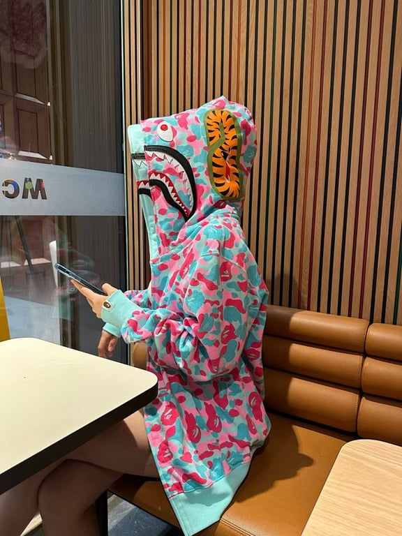 BAPE Double Hood Shark Full Zip Hoodie Pink Teal Camo - 12