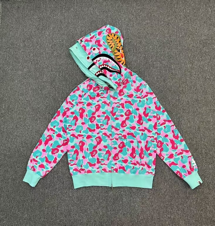 BAPE Double Hood Shark Full Zip Hoodie Pink Teal Camo - 3