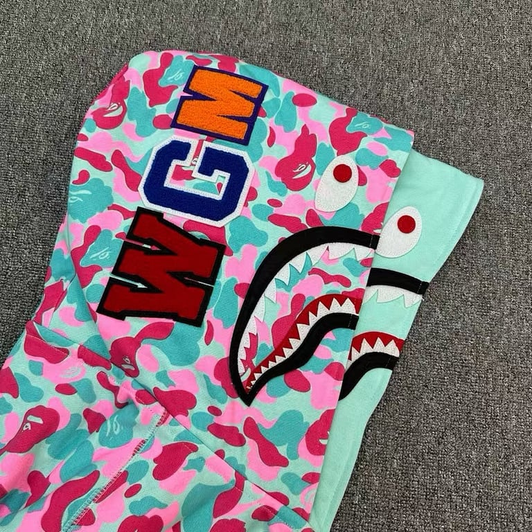 BAPE Double Hood Shark Full Zip Hoodie Pink Teal Camo - 4