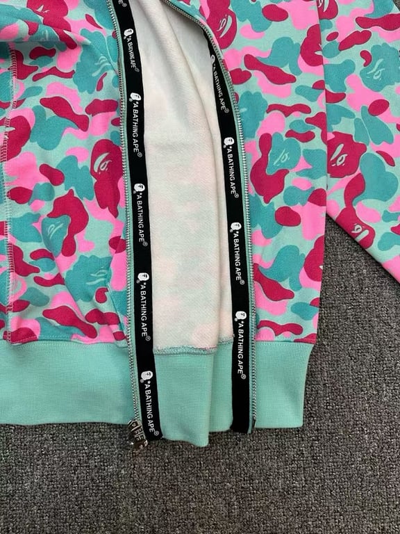BAPE Double Hood Shark Full Zip Hoodie Pink Teal Camo - 7