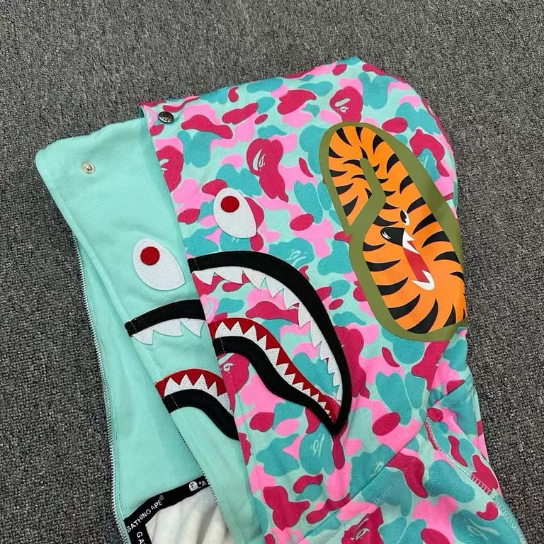 BAPE Double Hood Shark Full Zip Hoodie Pink Teal Camo - 8