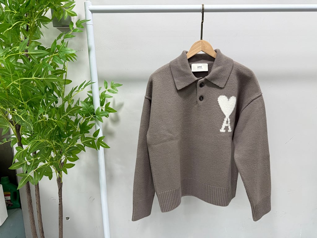 Ami Paris Alpaca Button Polo Sweater Taupe - 17