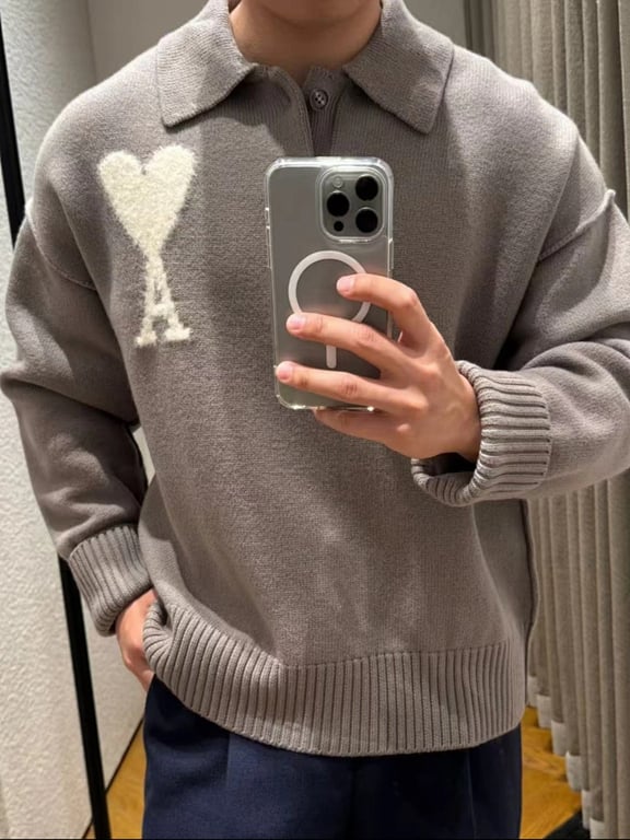 Ami Paris Alpaca Button Polo Sweater Taupe - 4