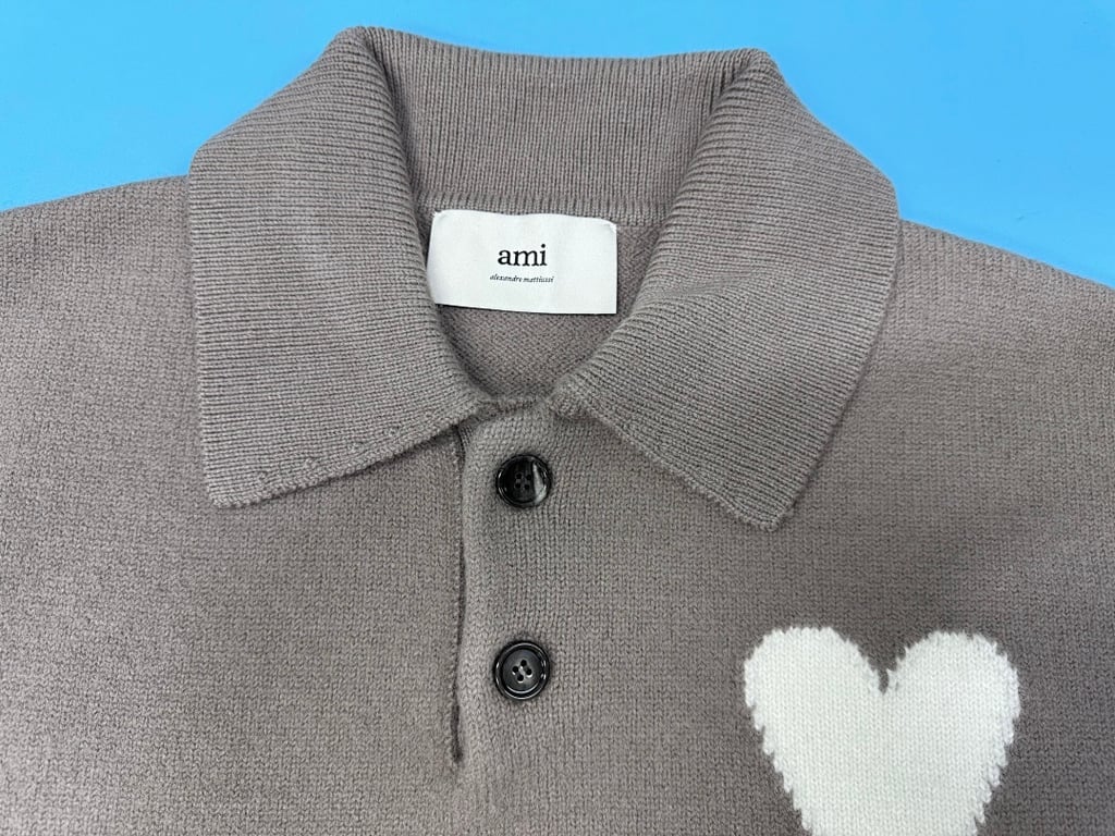 Ami Paris Alpaca Button Polo Sweater Taupe - 7