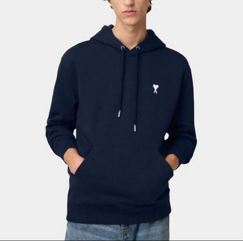 Ami Paris Ami de Coeur White Badge Hoodie Navy - 17
