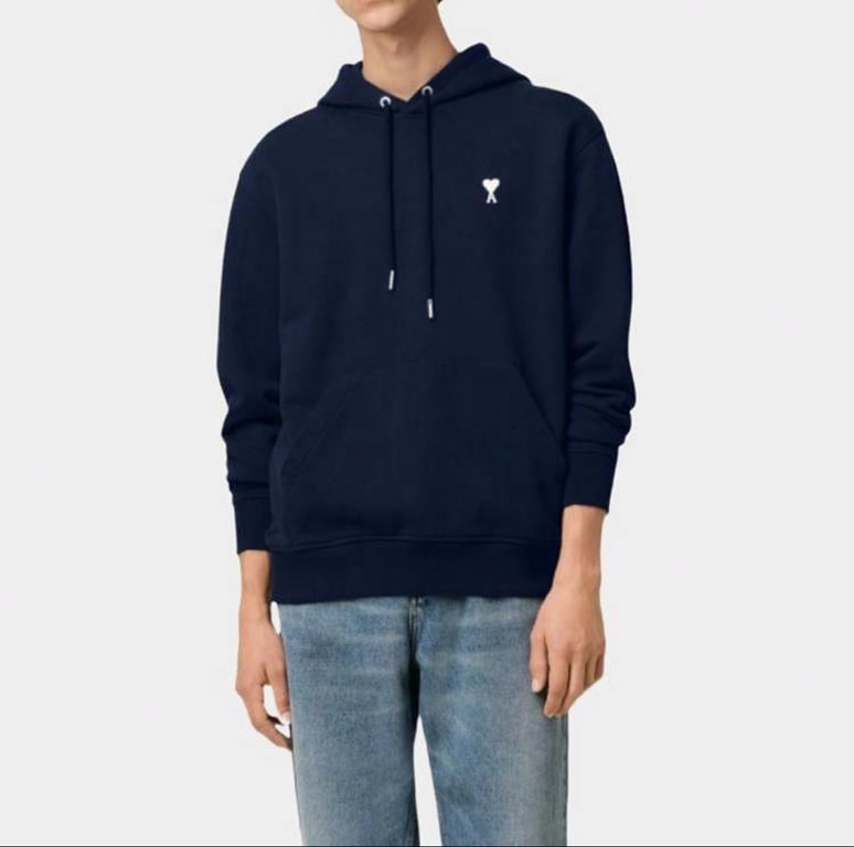 Ami Paris Ami de Coeur White Badge Hoodie Navy - 19