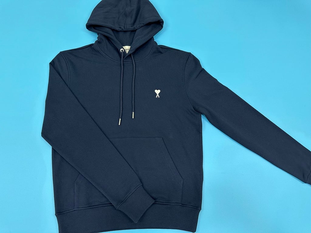 Ami Paris Ami de Coeur White Badge Hoodie Navy - 3