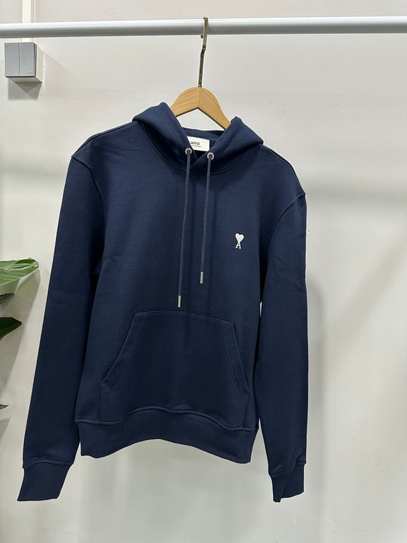 Ami Paris Ami de Coeur White Badge Hoodie Navy - 32