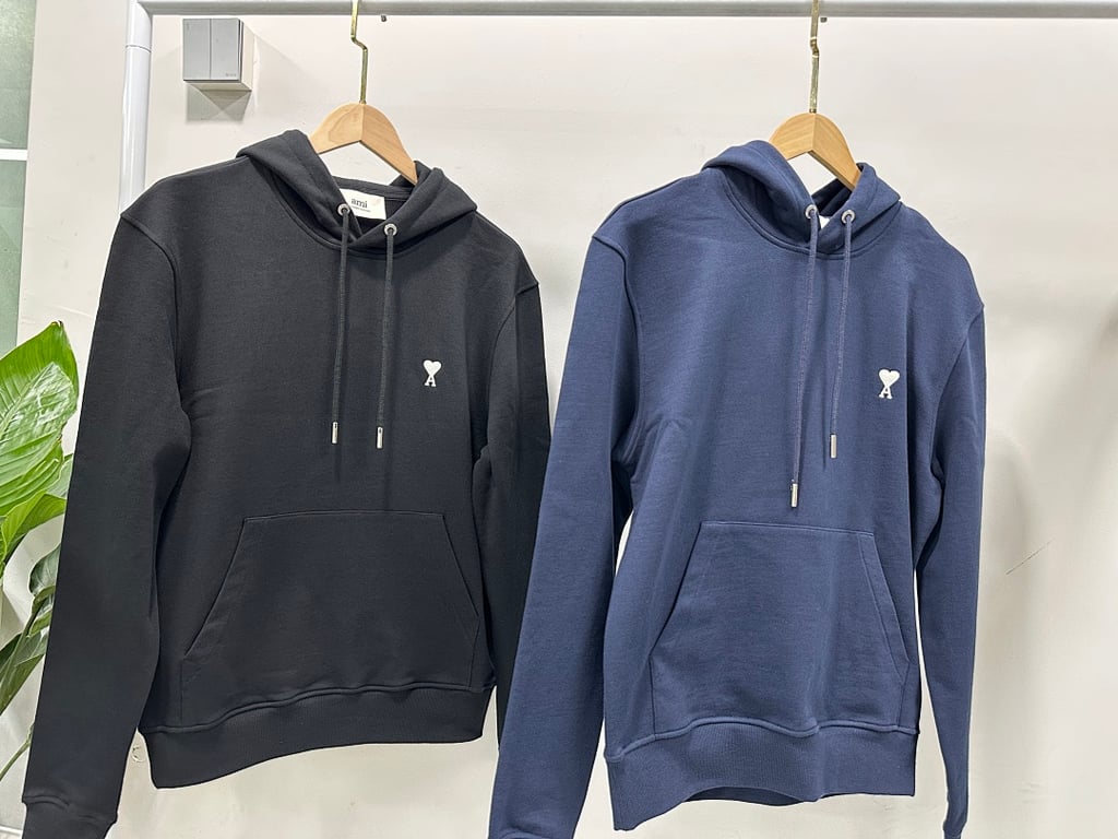 Ami Paris Ami de Coeur White Badge Hoodie Navy - 34