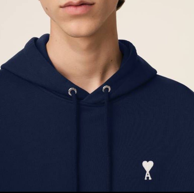 Ami Paris Ami de Coeur White Badge Hoodie Navy - 38