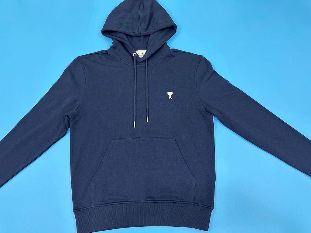 Ami Paris Ami de Coeur White Badge Hoodie Navy - 9