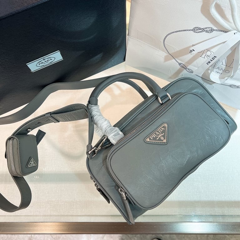 Prada 1BB099 Crinkled Leather Bag Grey - 6