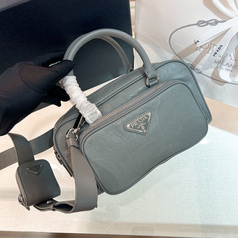 Prada 1BB099 Crinkled Leather Bag Grey - 9