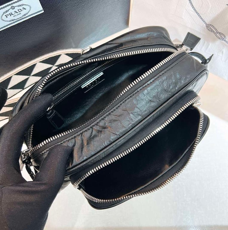 Prada 1BH198 Crinkled Leather Shoulder Bag Black - 3