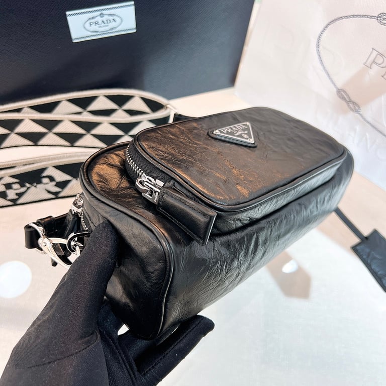 Prada 1BH198 Crinkled Leather Shoulder Bag Black - 4