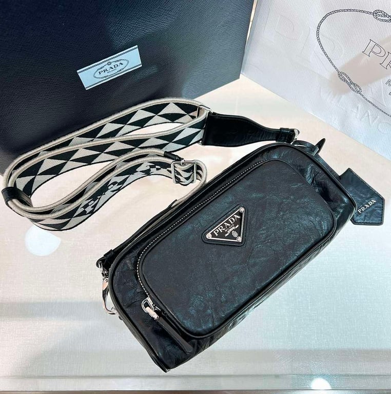 Prada 1BH198 Crinkled Leather Shoulder Bag Black - 6