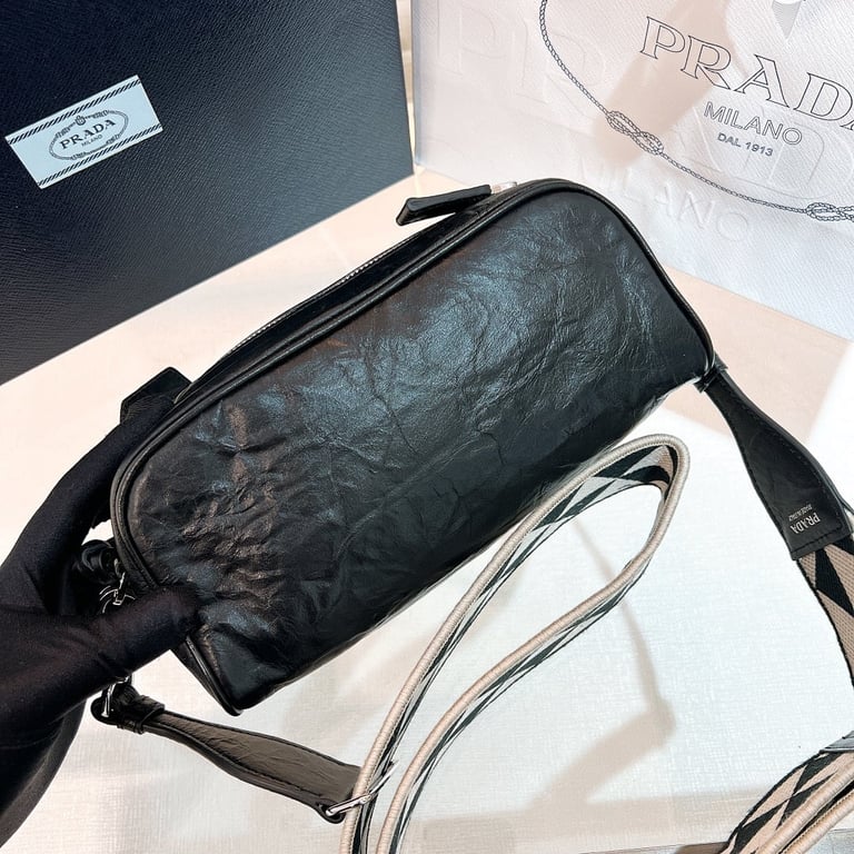 Prada 1BH198 Crinkled Leather Shoulder Bag Black - 7