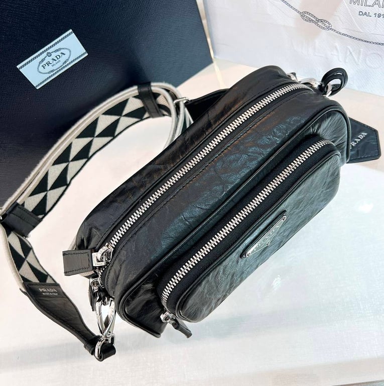 Prada 1BH198 Crinkled Leather Shoulder Bag Black - 8
