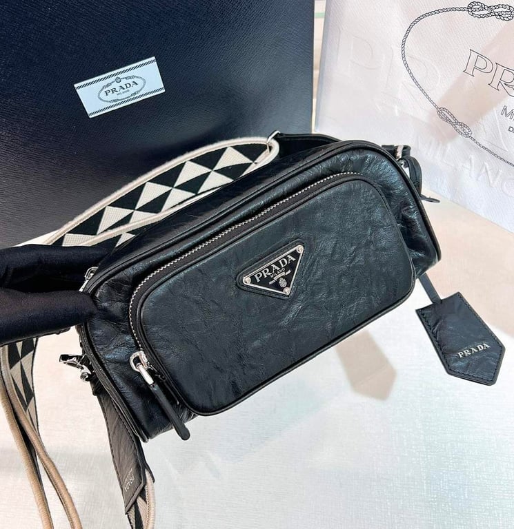 Prada 1BH198 Crinkled Leather Shoulder Bag Black - 9