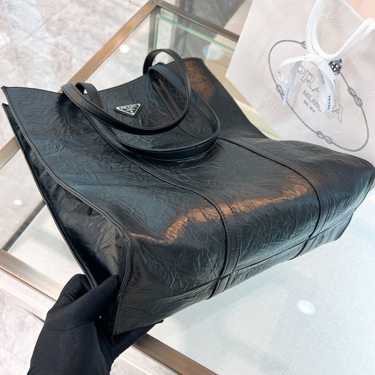Prada 1BG587 Crinkled Leather Tote Black - 4