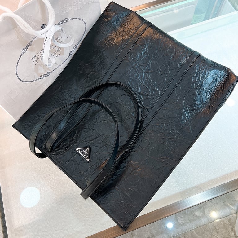 Prada 1BG587 Crinkled Leather Tote Black - 6