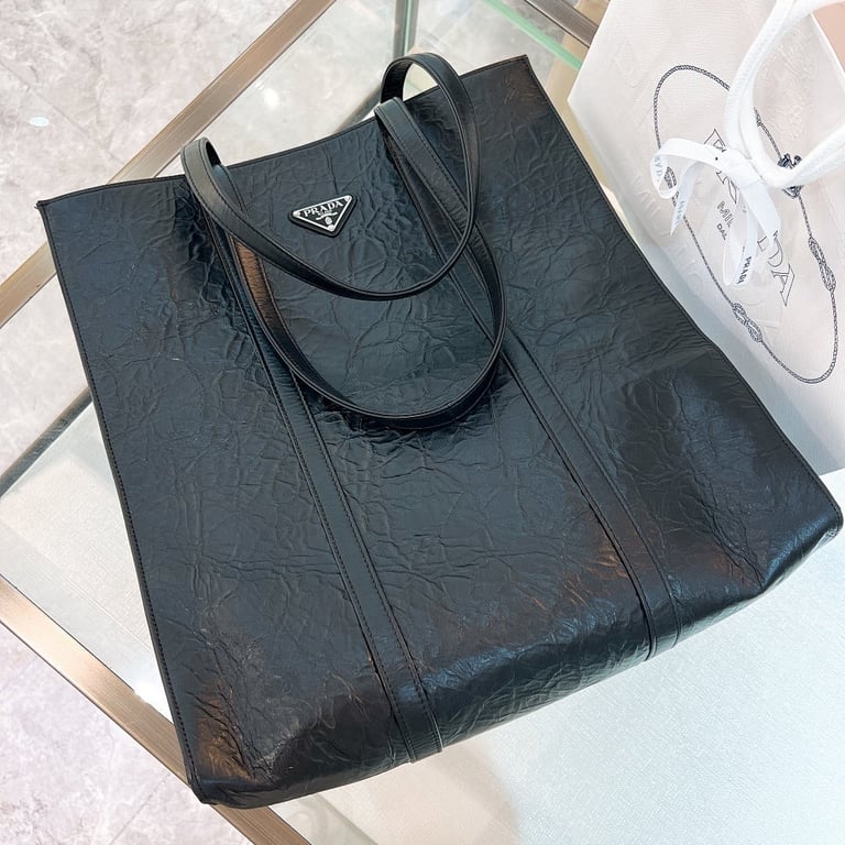 Prada 1BG587 Crinkled Leather Tote Black - 7