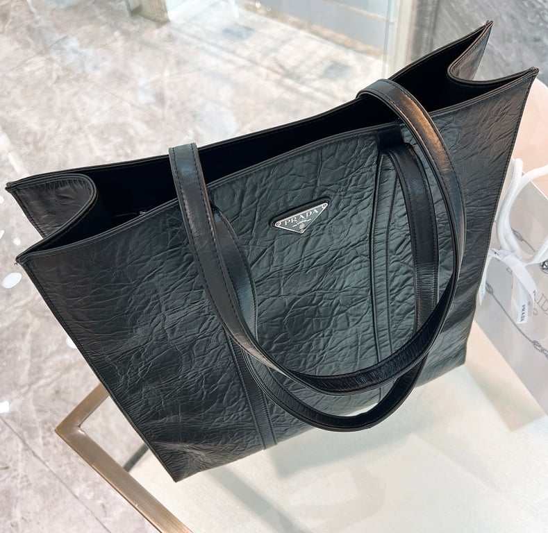 Prada 1BG587 Crinkled Leather Tote Black - 8