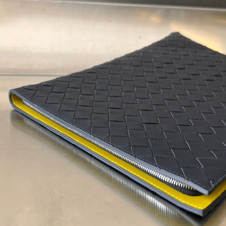 Bottega Veneta Intreccio Leather Clutch 607479 Grey/Yellow - 6