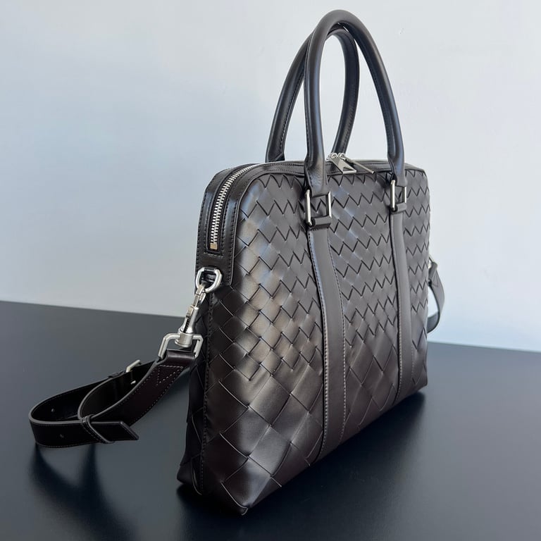 Bottega Veneta Intrecciato Leather Briefcase Black Brown - 9