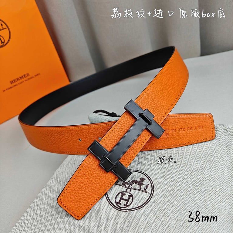 Hermès H Buckle Reversible Belt 38mm Orange Black - 2