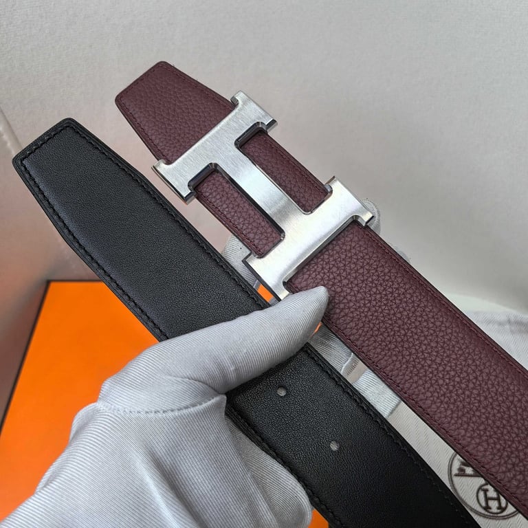 Hermès H Buckle Reversible Leather Belt Burgundy Black - 6