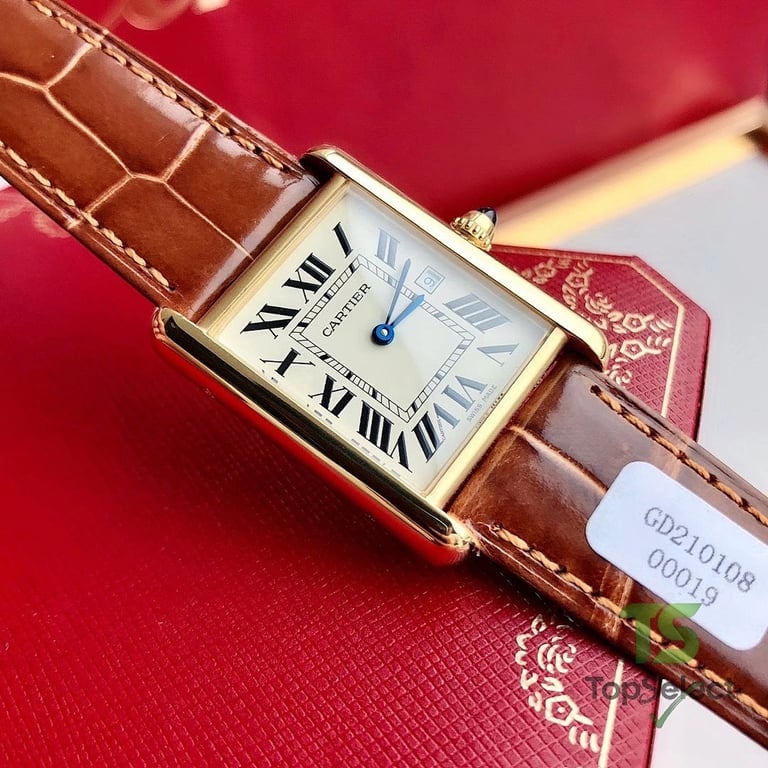 Cartier Tank Gold Watch with Brown Leather Strap - 3