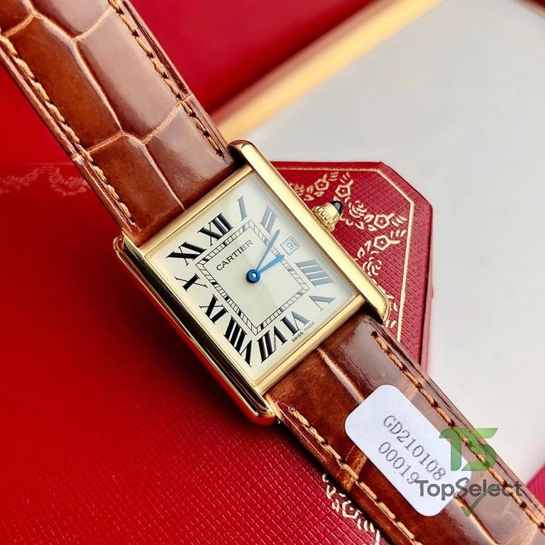 Cartier Tank Gold Watch with Brown Leather Strap - 5