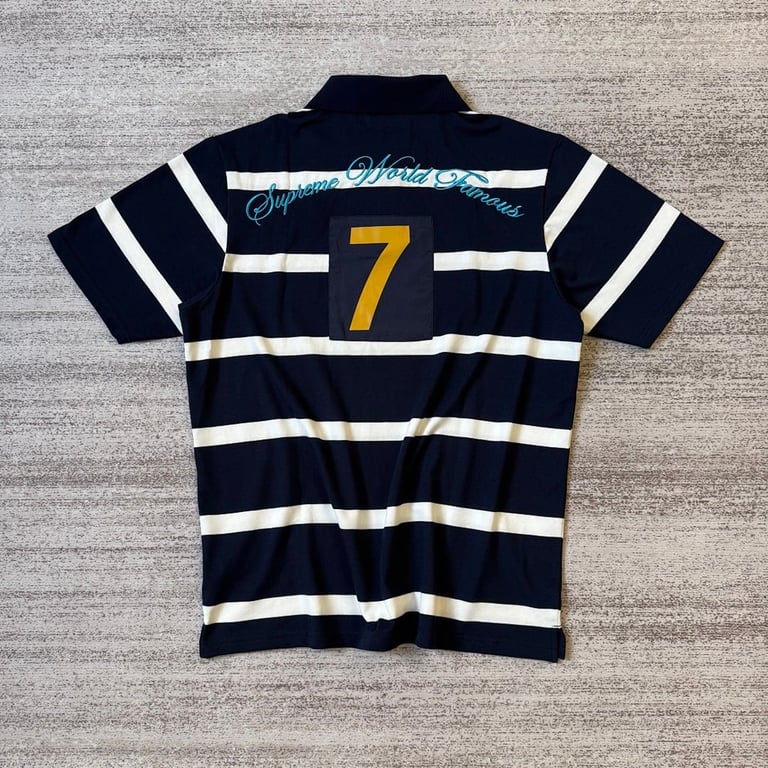 Supreme 7 Striped Polo Shirt Navy - 11
