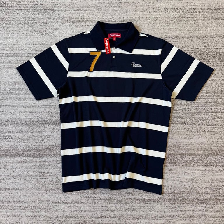 Supreme 7 Striped Polo Shirt Navy - 12