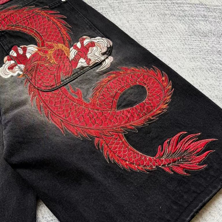 Vrrock Dragon Embroidery Denim Jorts - 5