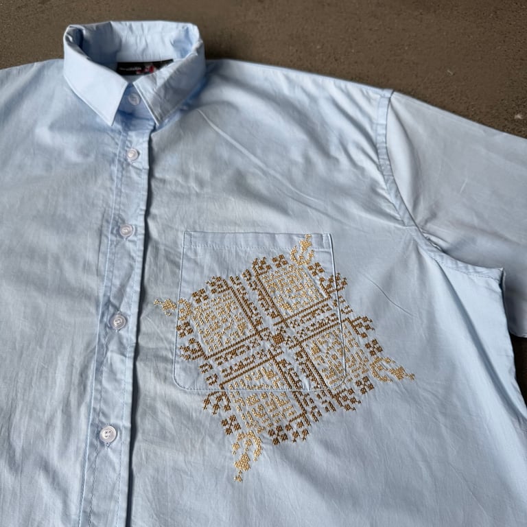 Derschutze Architecture Embroidered Short Sleeve Shirt Light Blue - 13