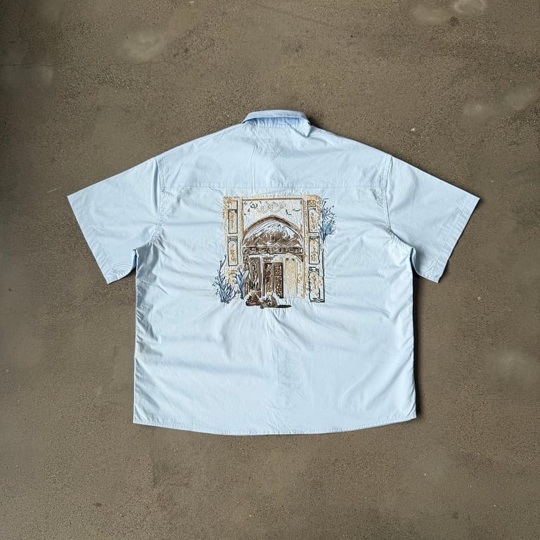 Derschutze Architecture Embroidered Short Sleeve Shirt Light Blue - 14