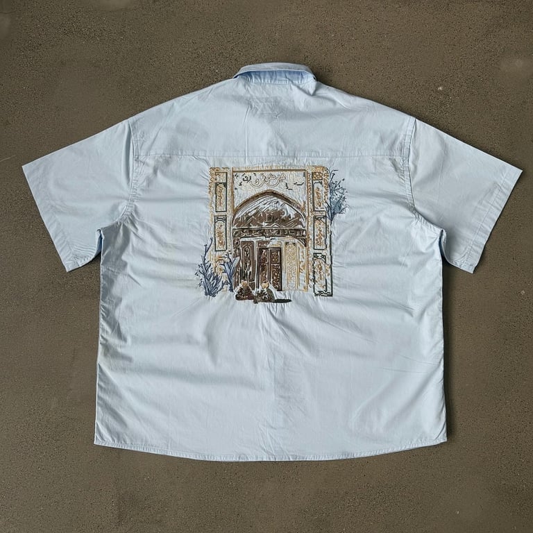 Derschutze Architecture Embroidered Short Sleeve Shirt Light Blue - 15