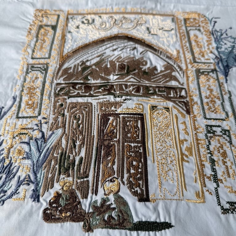 Derschutze Architecture Embroidered Short Sleeve Shirt Light Blue - 16
