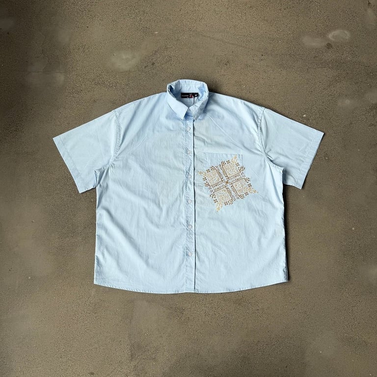 Derschutze Architecture Embroidered Short Sleeve Shirt Light Blue - 5