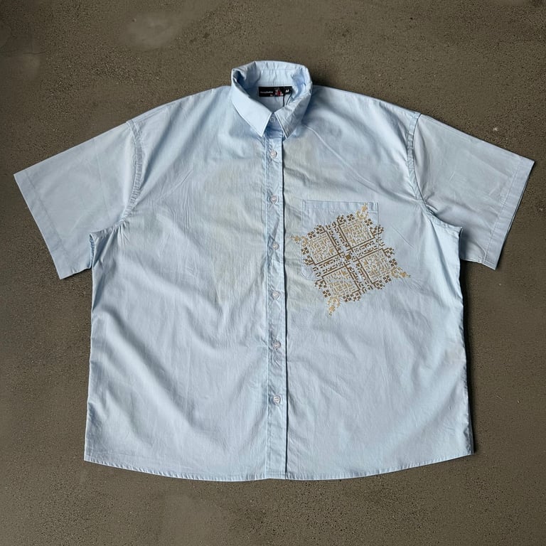 Derschutze Architecture Embroidered Short Sleeve Shirt Light Blue - 6