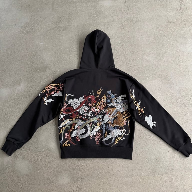 Derschutze Dragon & Tiger Embroidered Zip Hoodie Black - 17
