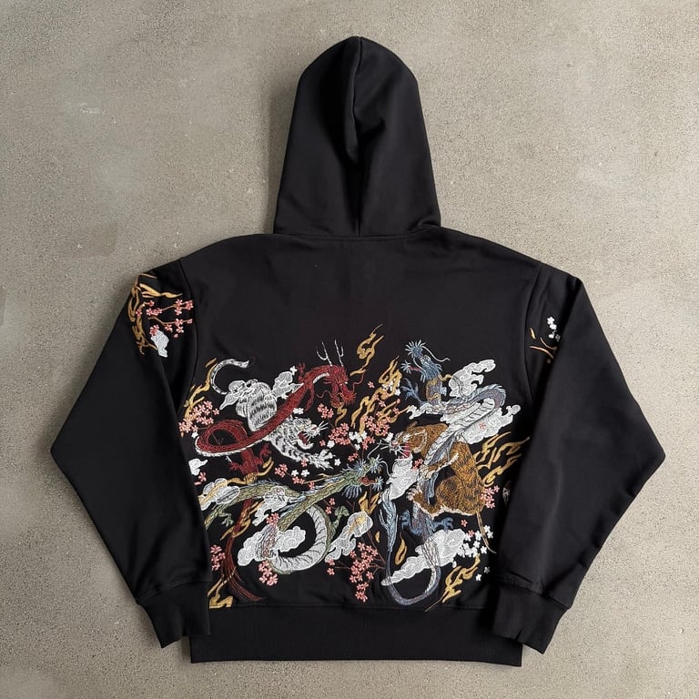 Derschutze Dragon & Tiger Embroidered Zip Hoodie Black - 18