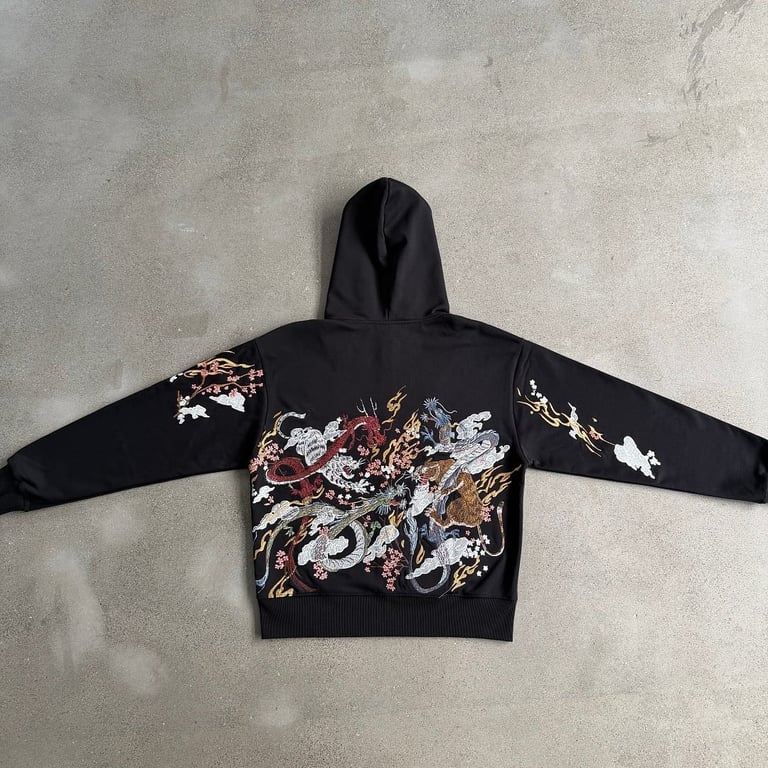Derschutze Dragon & Tiger Embroidered Zip Hoodie Black - 19
