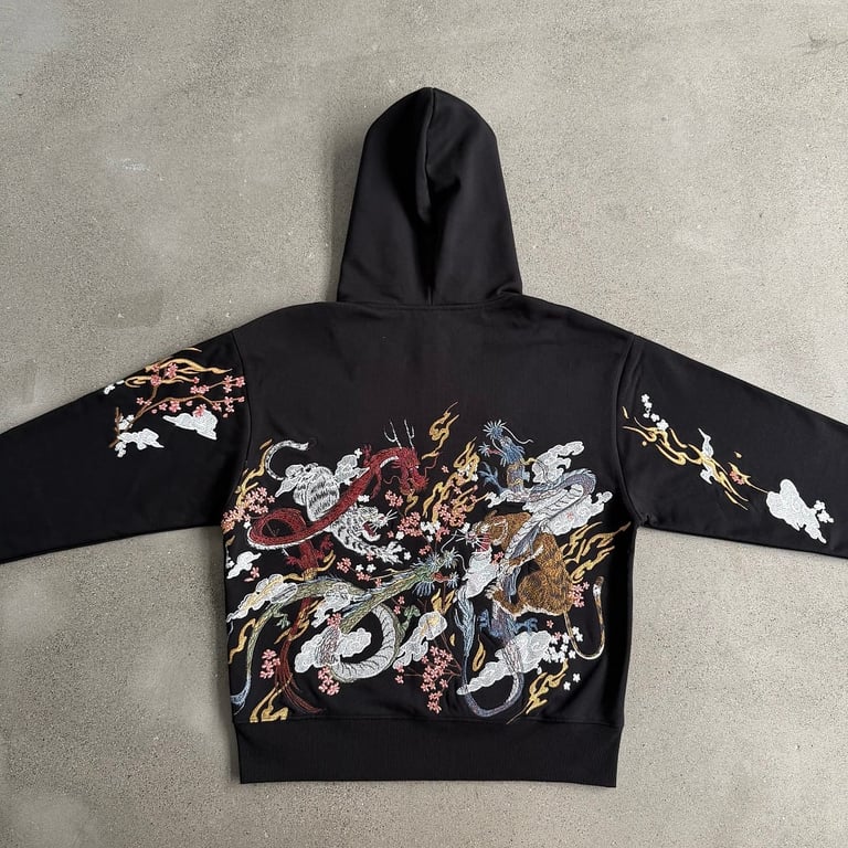 Derschutze Dragon & Tiger Embroidered Zip Hoodie Black - 20